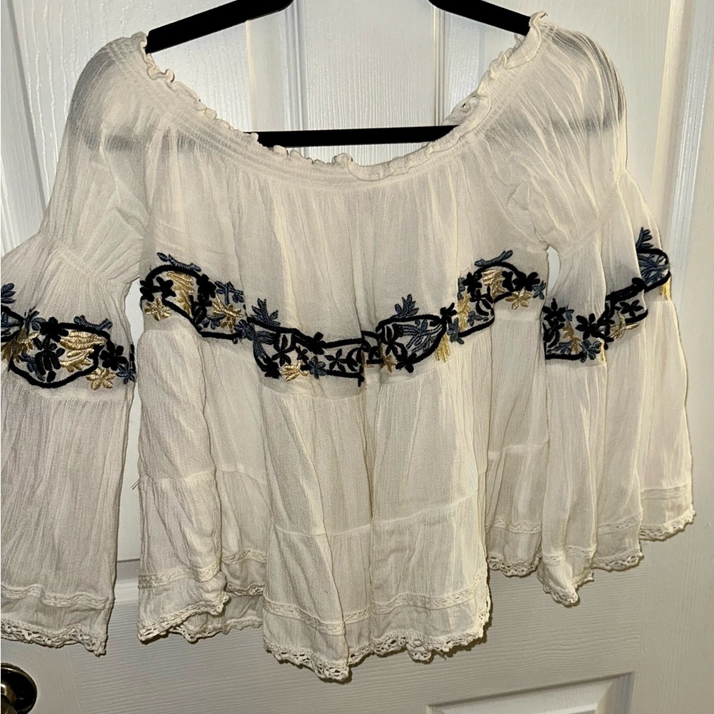 Free People Off-White Blouse with Navy and Gold Embroidery